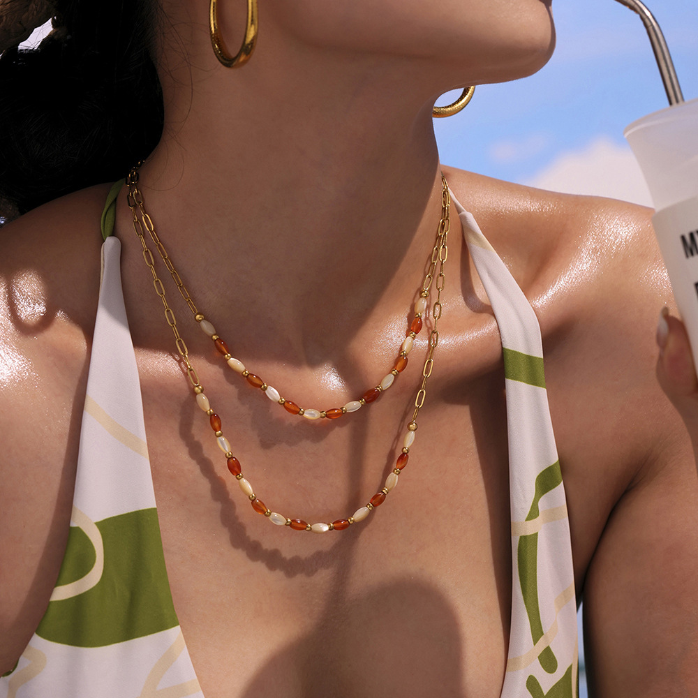 1 Piece Ethnic Series Oval Beads Natural Stones Gold Color Women's Necklaces Sets Picture2