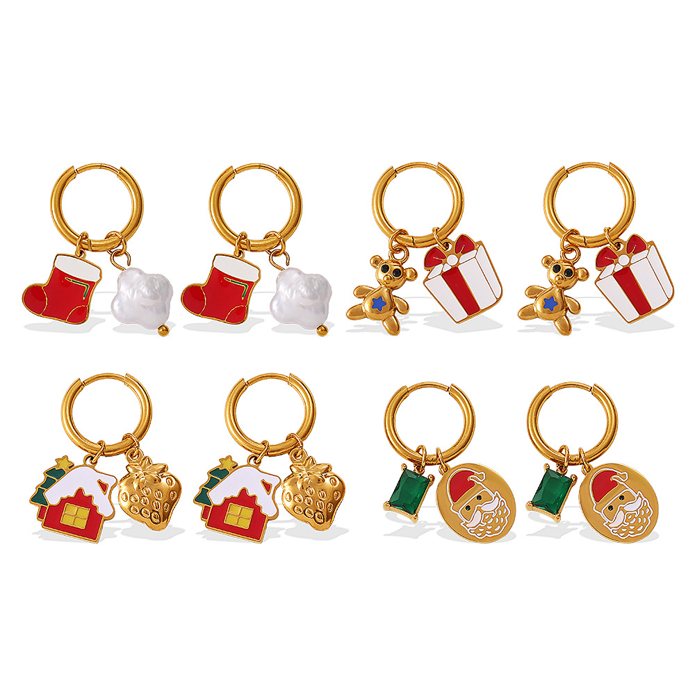 1 Pair Christmas Stainless Steel Gold Color Drop Earrings h5Picture4