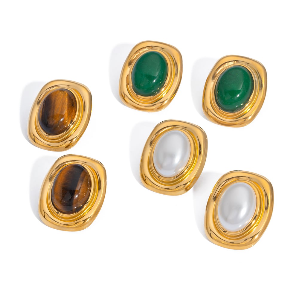 1 Paar klassische rechteckige Ohrstecker aus Edelstahl in Goldfarbe mit Natursteinperlen für Damen h5Bild5