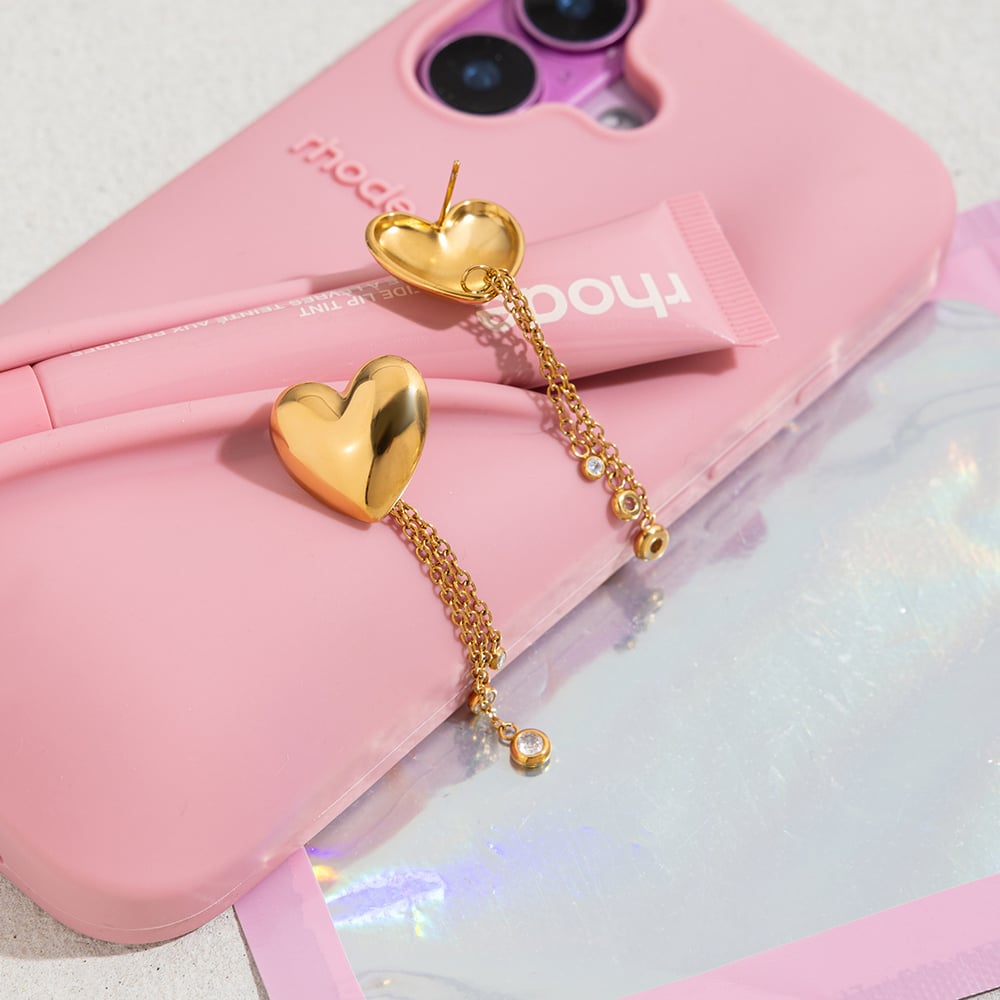 1 Pair Romantic Heart Tassel Stainless Steel Gold Color Women's Dangle Earrings h5Picture5