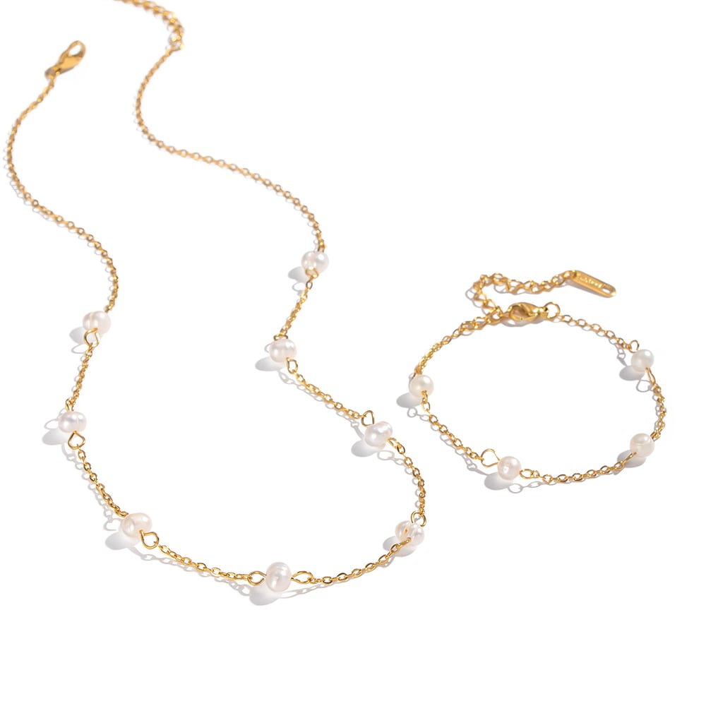 Elegant Pearl Chain Stainless Steel Gold Color Necklace Set Picture5