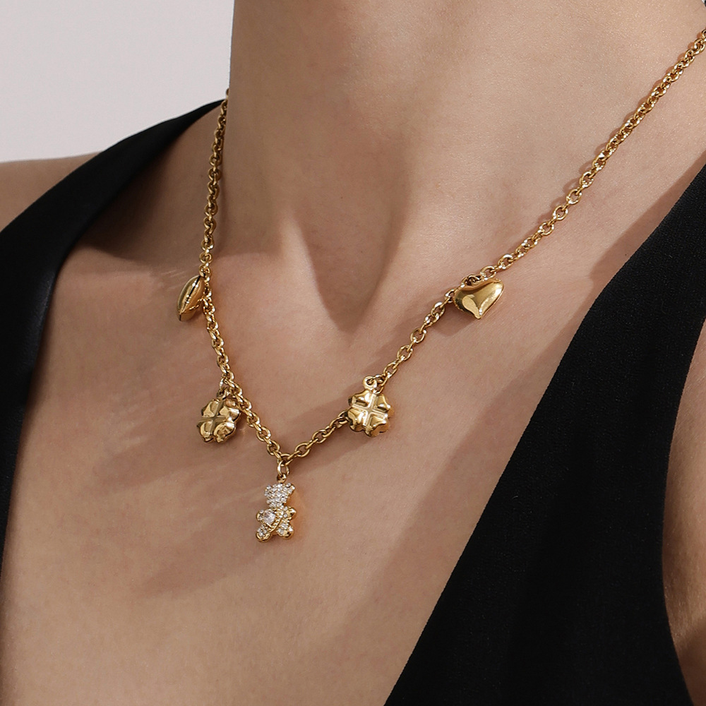 Cute Bear Clover Stainless Steel Gold Color Women's Jewelry Sets h5Picture5