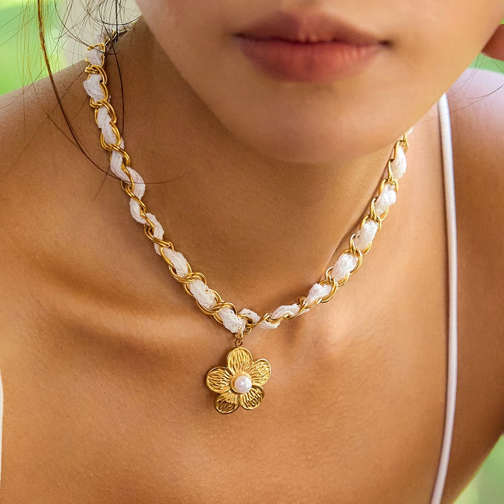 Romantic Flower Lace Stainless Steel Gold Color Women's Jewelry Sets h5Picture8