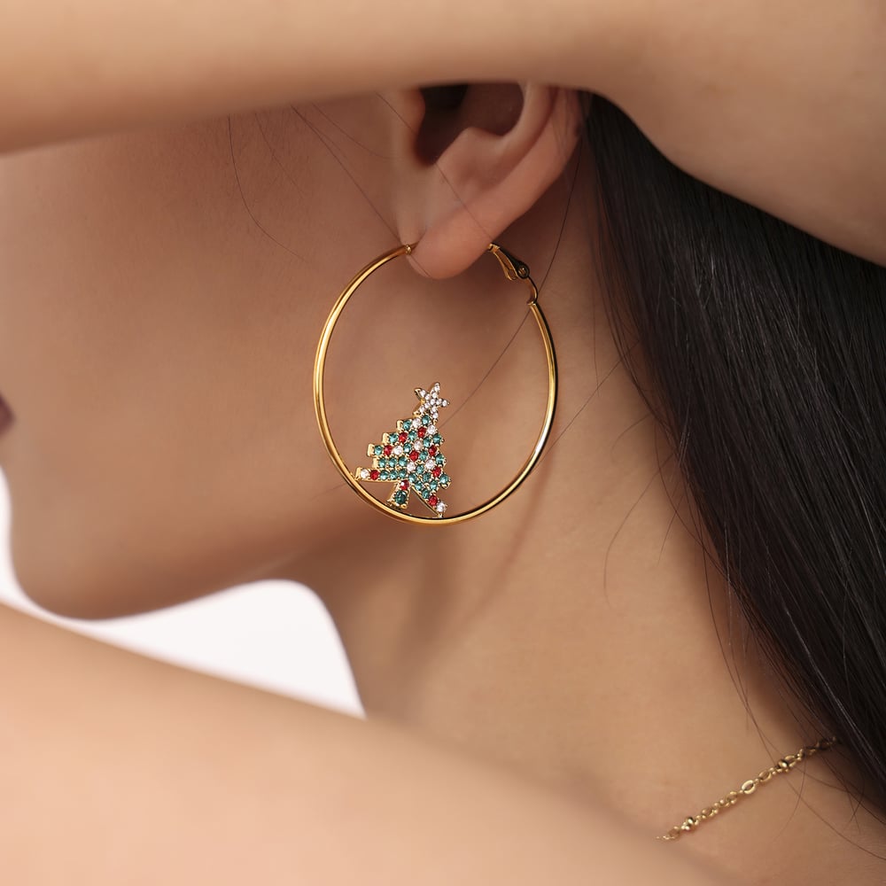 1 Pair Shinning Christmas Tree Stainless Steel Zircon Women's Hoop Earrings Picture4