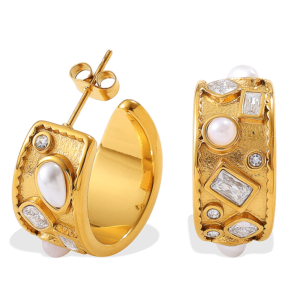 1 Pair Stainless Steel Gold Color Artificial Pearl Hoop Earrings Picture4