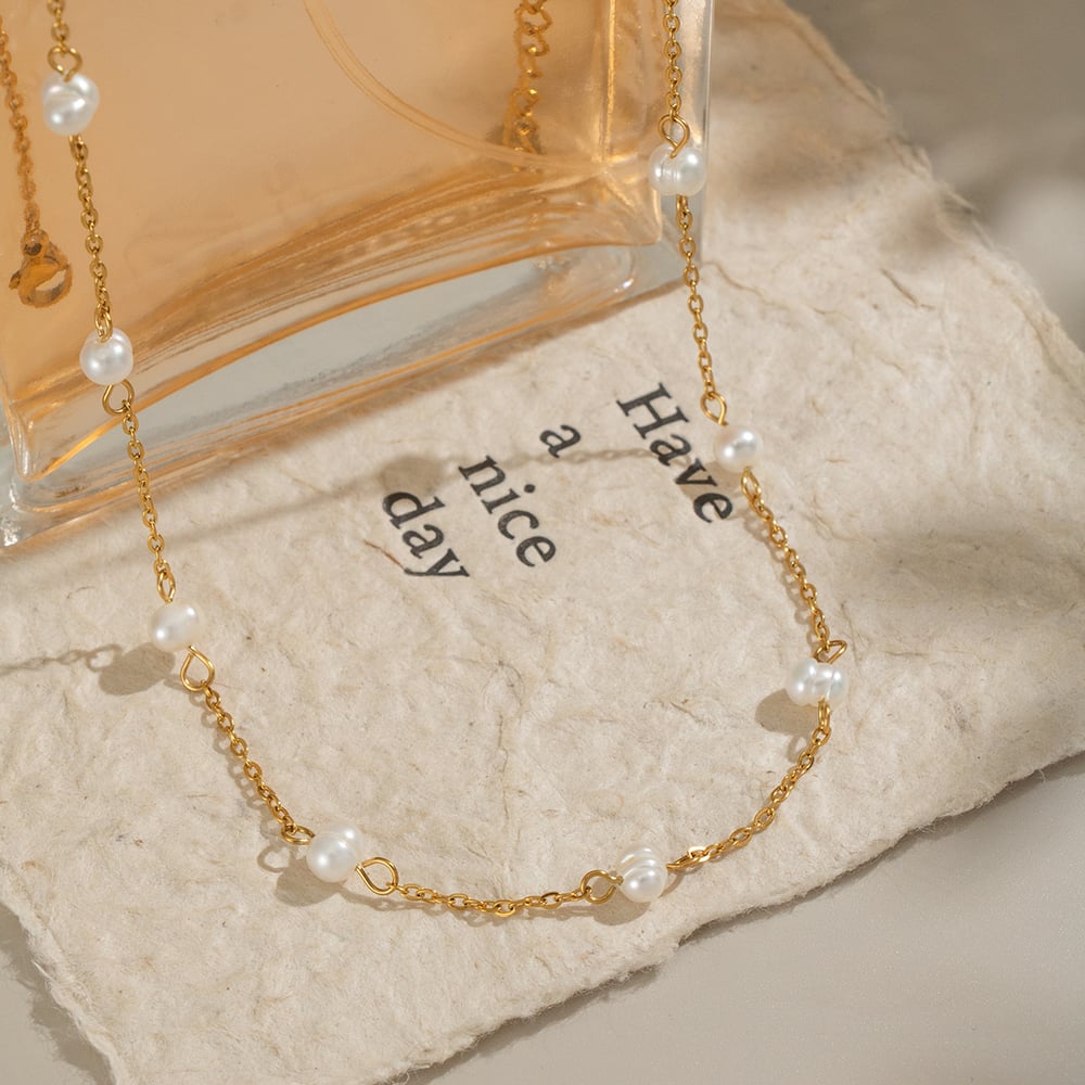 Elegant Pearl Chain Stainless Steel Gold Color Necklace Set Picture3