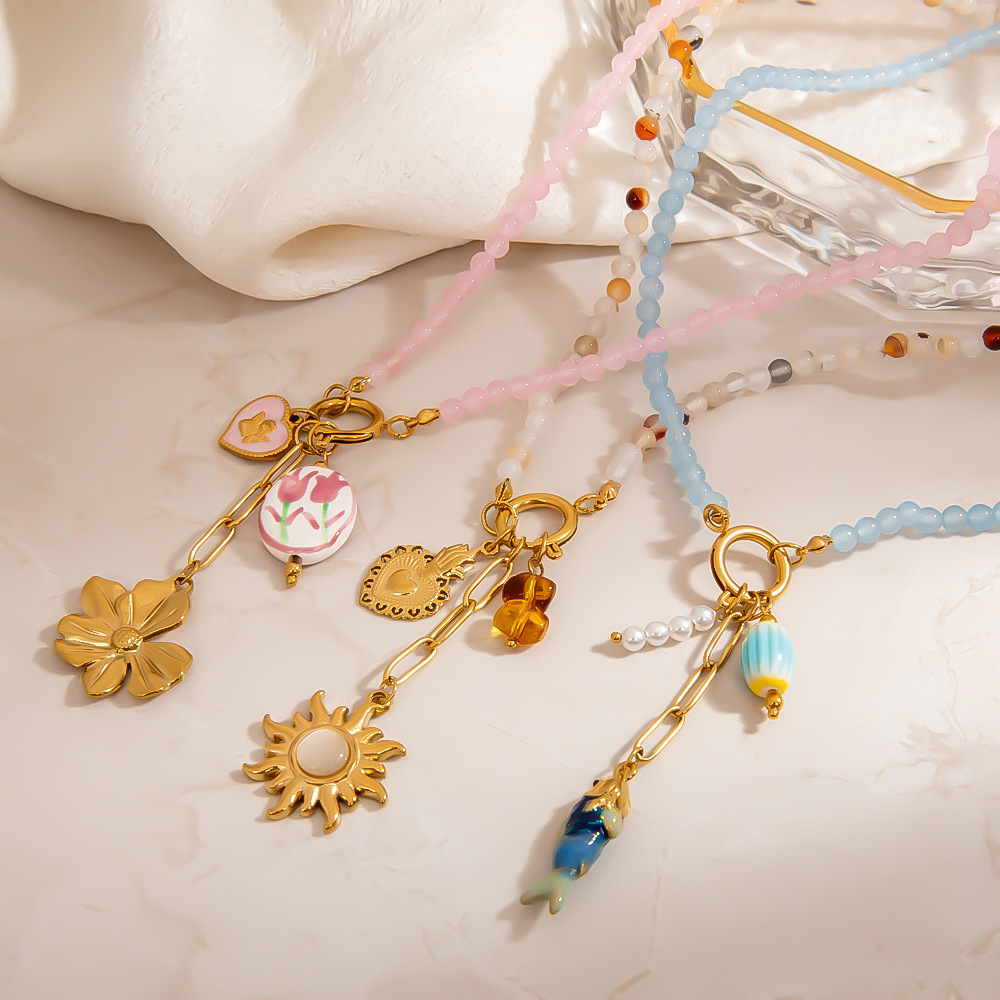 1 Piece  Sweet Flower Sun Fish Stainless Steel  Gold Color  Women's Beaded Necklaces Picture4
