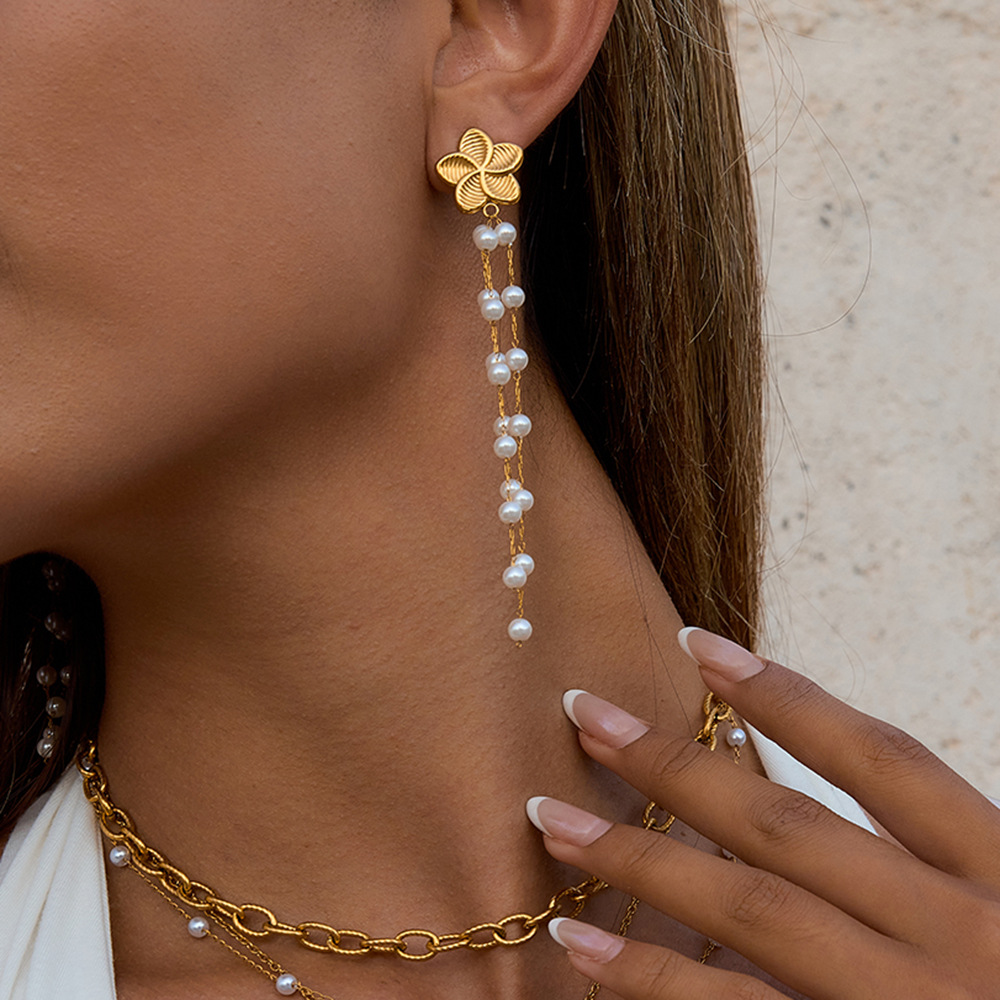 1 Pair Elegant Flower Tassel Stainless Steel Gold Color Women's Drop Earrings Picture5