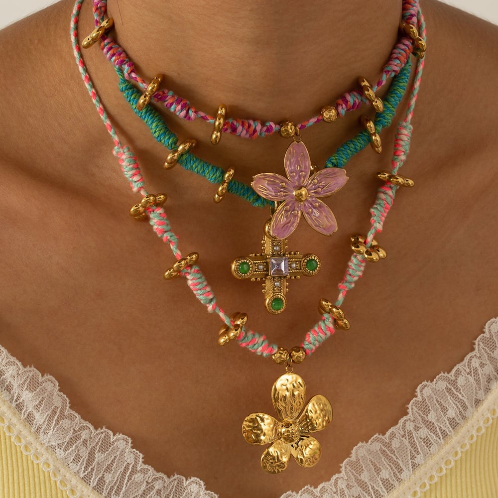 1 Piece Flower Hand-woven Rope Stainless Steel Gold Color Women's Pendant Necklaces Picture5