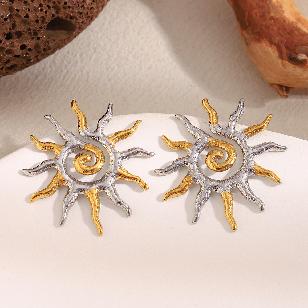 1 Pair Classic Sun Stainless Steel Gold Color Women's Stud Earrings h5Picture3