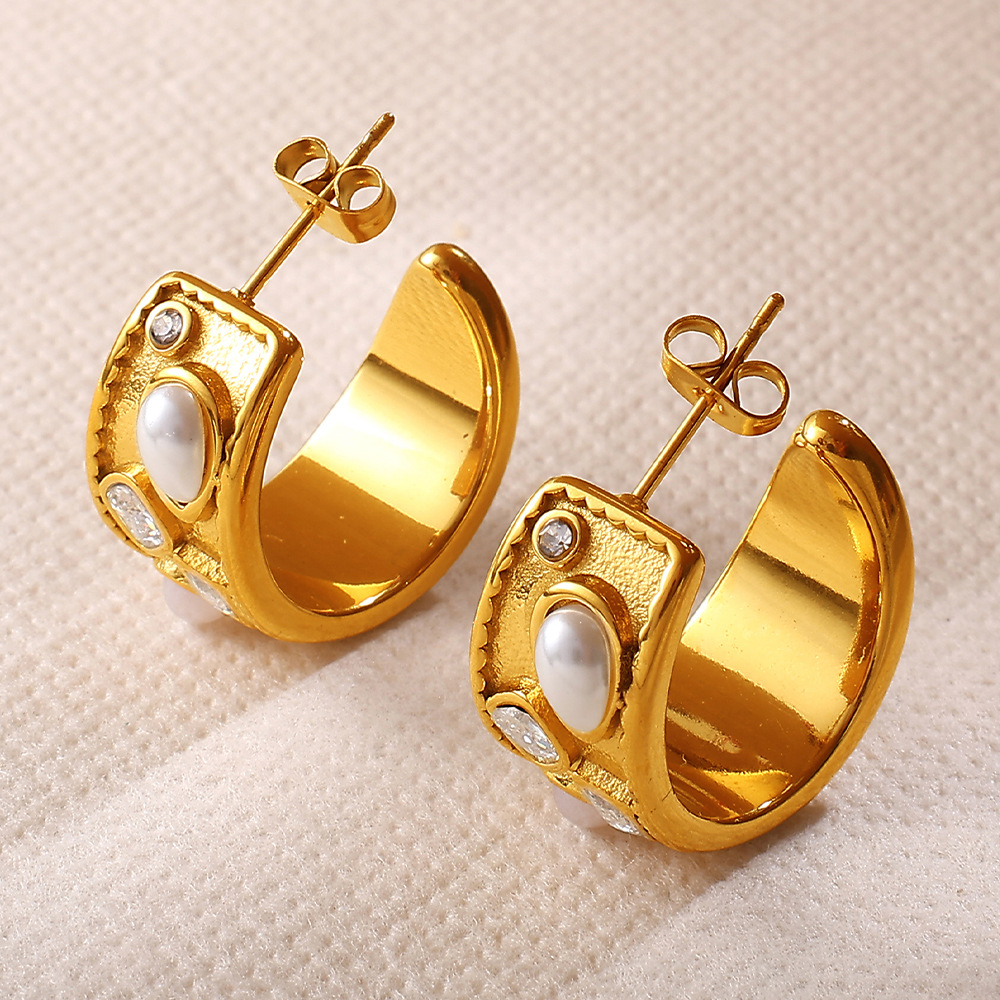 1 Pair Stainless Steel Gold Color Artificial Pearl Hoop Earrings Picture3