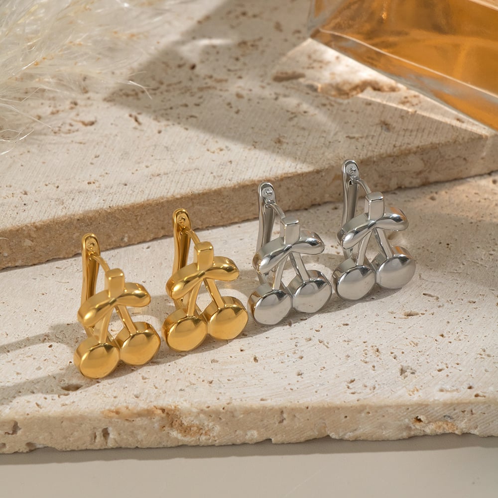 1 Pair Sweet Cherry Stainless Steel Gold Color Stud Earrings Picture2