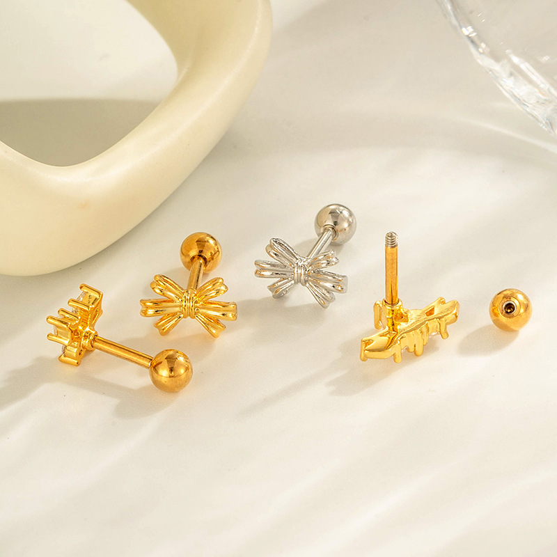 1 Piece Bow Knot Copper Gold Color  Zircon Piercing Earring Picture3