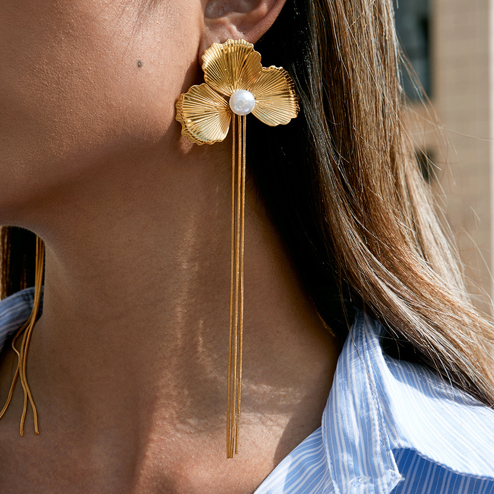 1 Pair Elegant Flower Tassel Stainless Steel Gold Color Women's Dangle Earrings h5Picture3