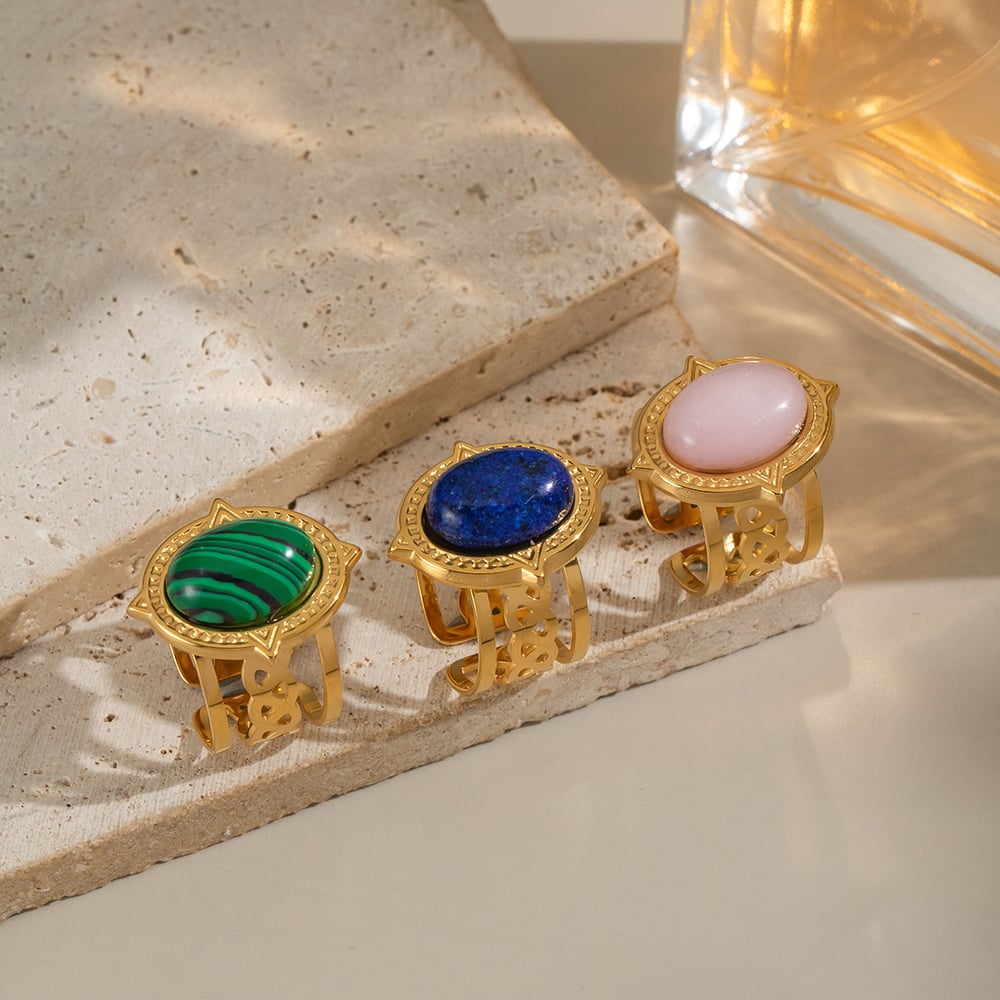 1 Piece Retro Strip Oval Lines Stainless Steel Gold Color Natural Stone Women's Gemstone Rings Picture3