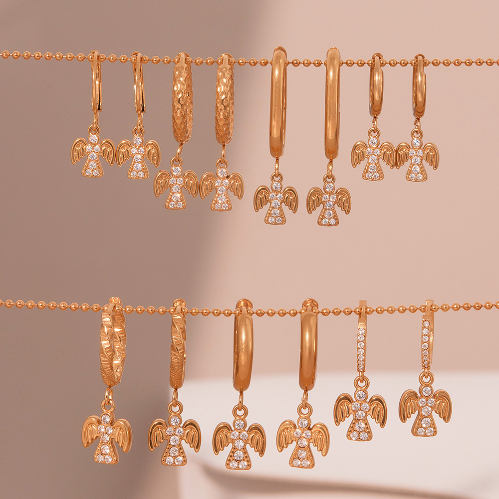 1 Pair Classic Angel Stainless Steel Gold Color Zircon Women's Drop Earrings Picture3
