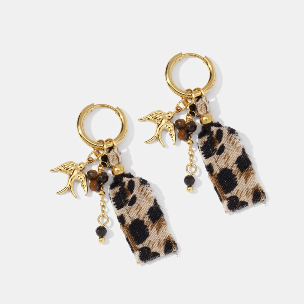 Leopard Fabric Bird Stainless Steel Gold Color Drop Earrings h5Picture2