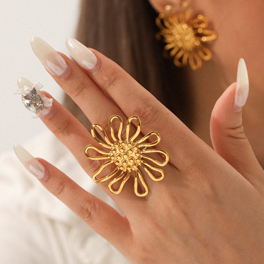 1 Stück einfache tägliche Sonnenblume Edelstahl Gold Farbe Damen Ring Sets h5Bild3