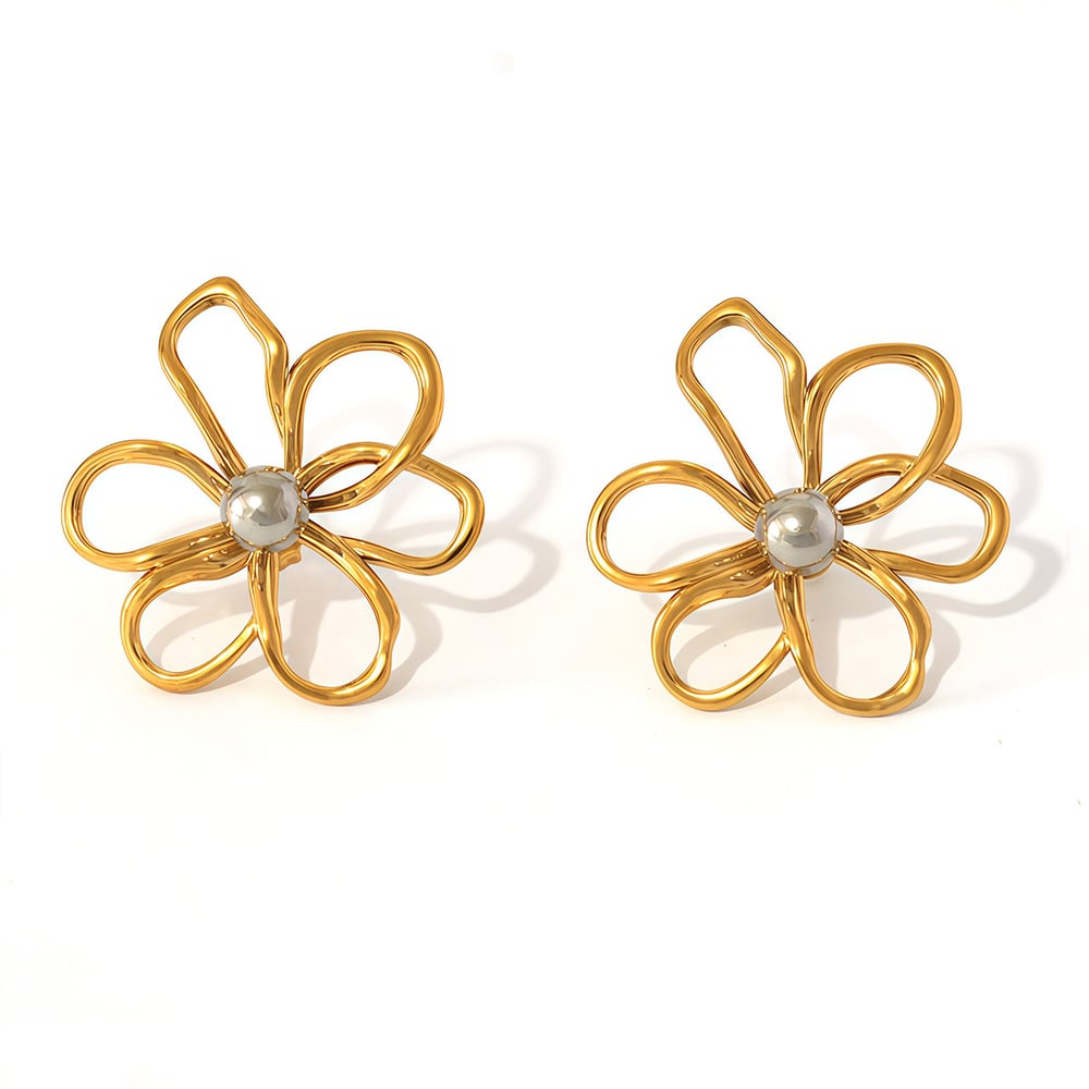 1 Pair Simple Natural Flower Stainless Steel   Gold Color  Women's Stud Earrings 