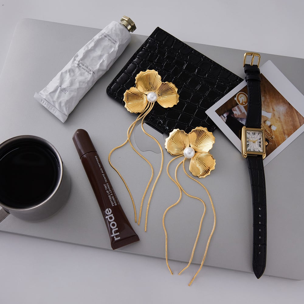 1 Pair Elegant Flower Tassel Stainless Steel Gold Color Women's Dangle Earrings h5Picture5