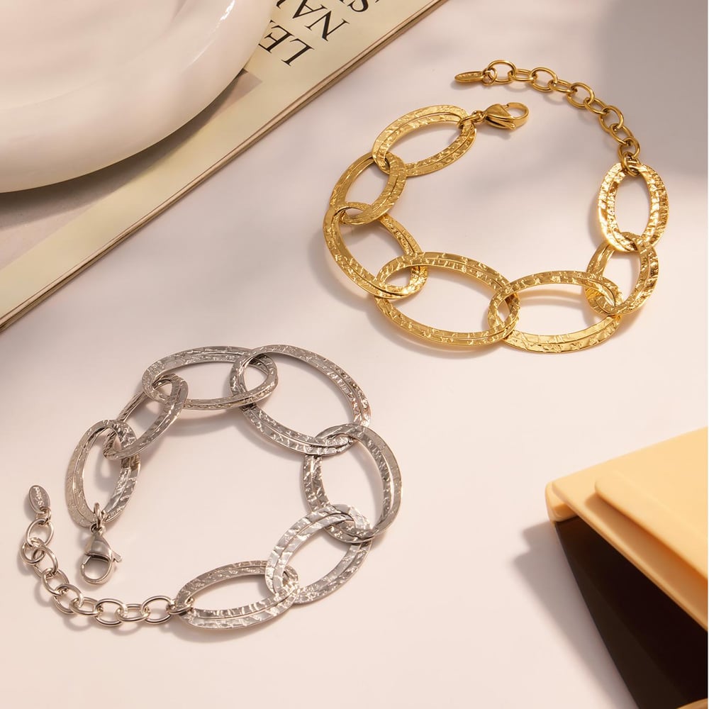 1 Piece Oval Hammer Pattern Stainless Steel Gold Color Women's Chunky Bracelets Picture3