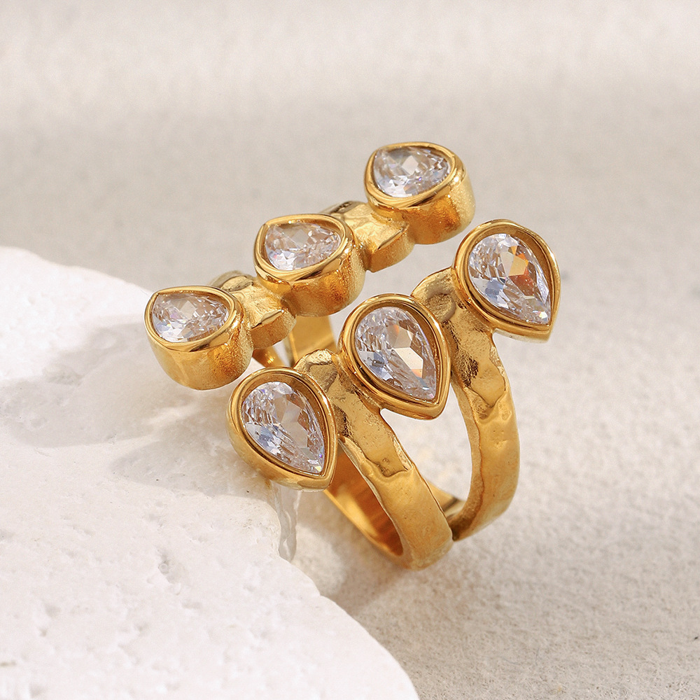 1 Piece Elegant Droplet Double-layer Stainless Steel Gold Color Zircon Women's Gemstone Rings Picture3