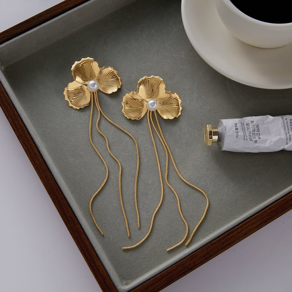 1 Pair Elegant Flower Tassel Stainless Steel Gold Color Women's Dangle Earrings h5Picture6