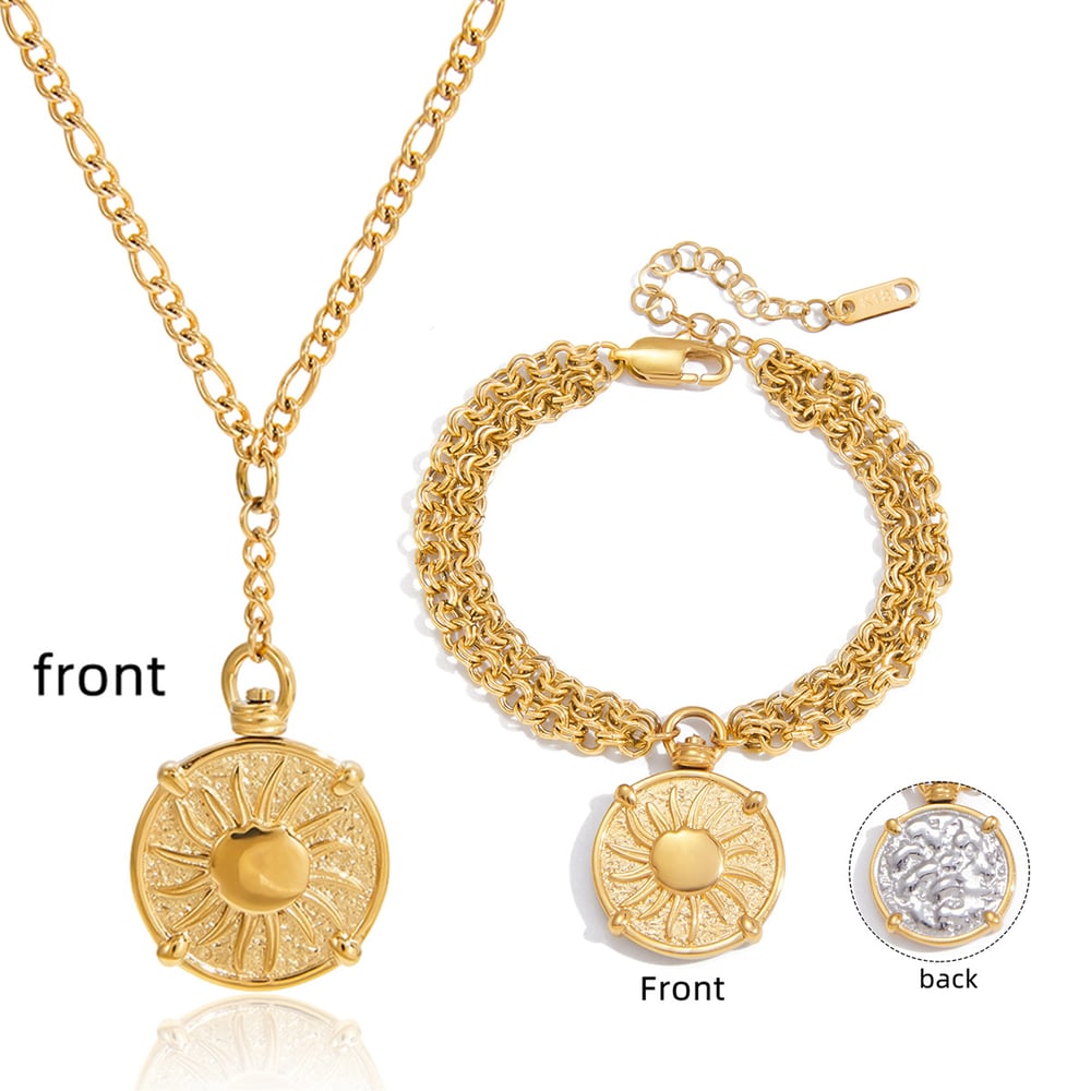 Classic Sun Two-sided Stainless Steel Gold Color Women's Jewelry Sets h5Picture6