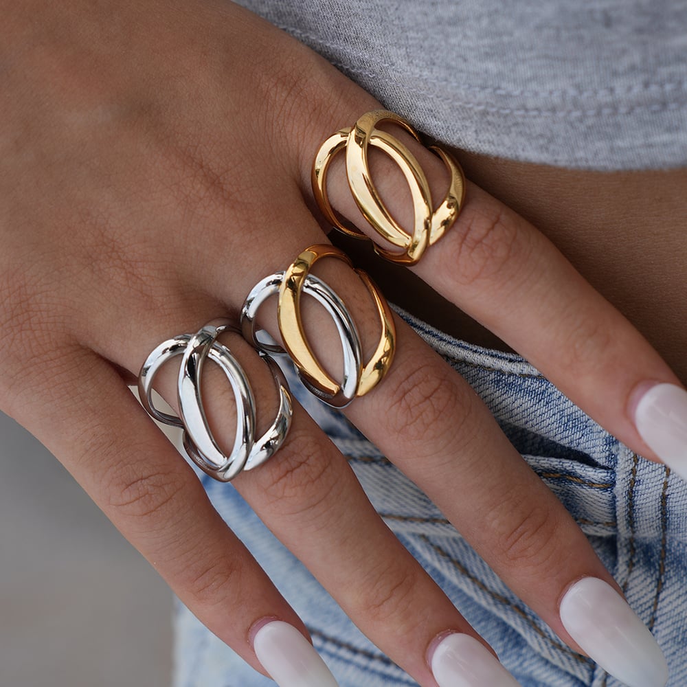 1 Piece Simple Overlap Circle Shape Stainless Steel Gold Color Statement Rings Picture3