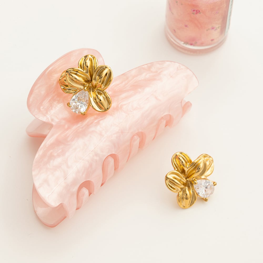 1 Pair Romantic Flower Stainless Steel Gold Color Zircon Women's Stud Earrings h5Picture6