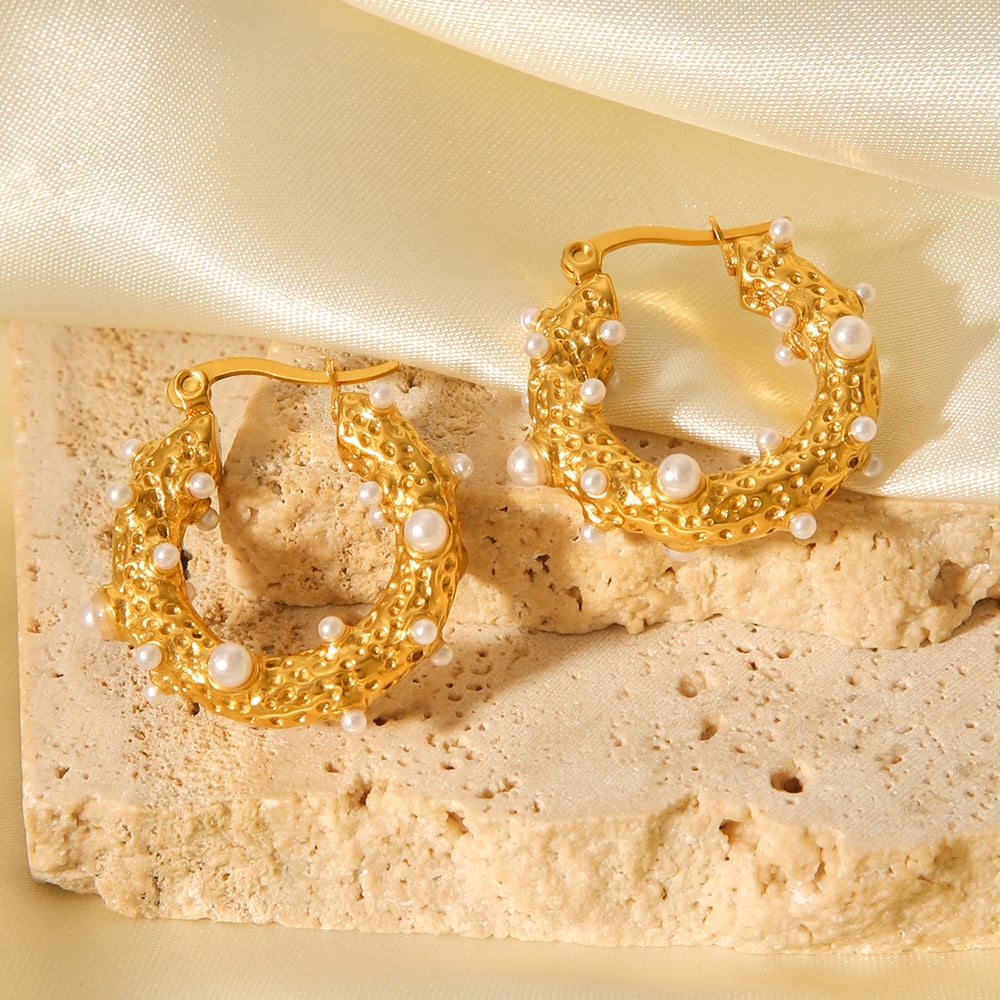 1 Pair Daily Irregular Shape Stainless Steel  Gold Color Pearl Women's Hoop Earrings h5Picture8