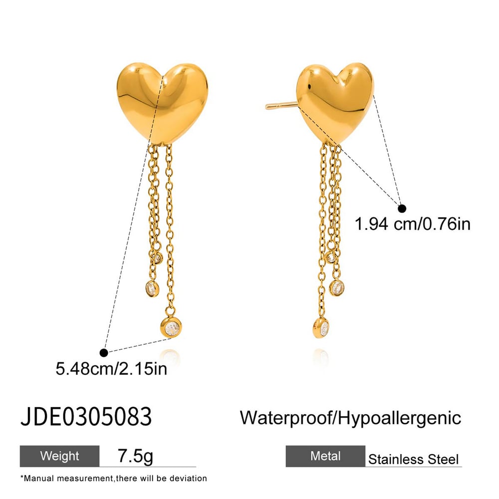 1 Pair Romantic Heart Tassel Stainless Steel Gold Color Women's Dangle Earrings h5Picture2