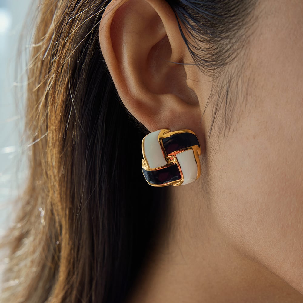 1 Pair Classic Checkerboard Stainless Steel Gold Color Women's Stud Earrings h5Picture4