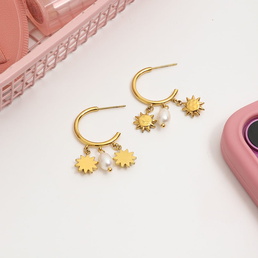 1 Pair Luxurious Sun Stainless Steel Gold Color Pearl Women's Hoop Earrings Picture6