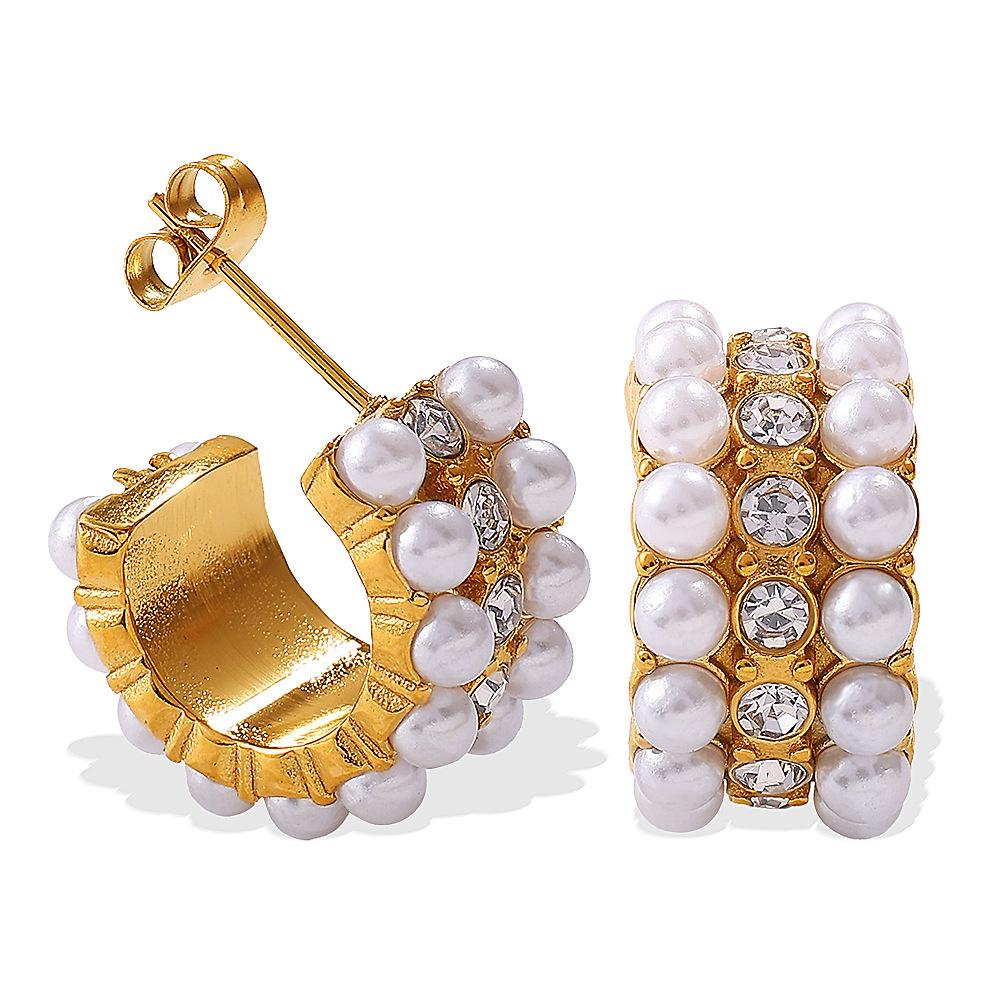 1 paio di orecchini a cerchio in acciaio inossidabile con strass color oro e perle h5Immagine4