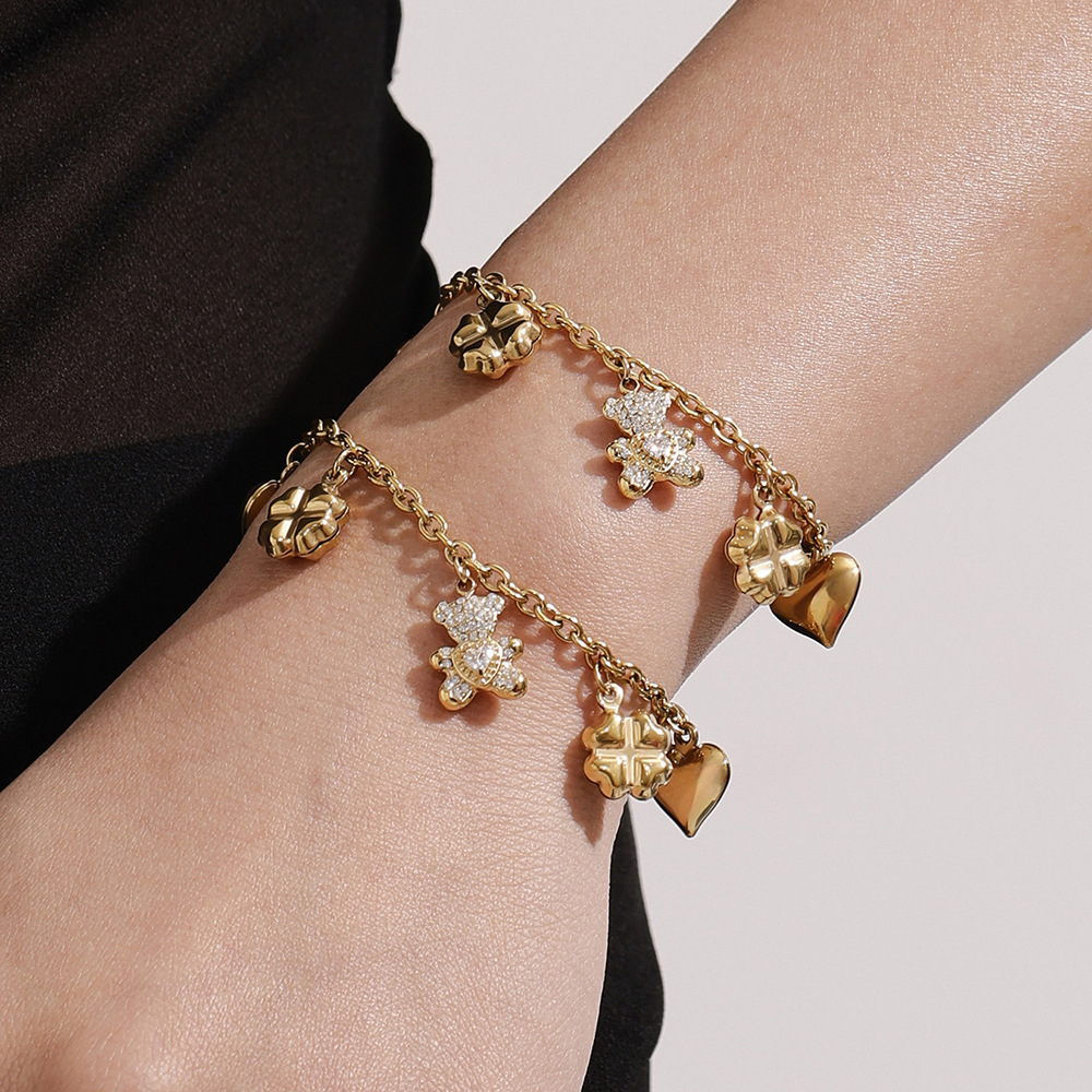 Cute Bear Clover Stainless Steel Gold Color Women's Jewelry Sets h5Picture4