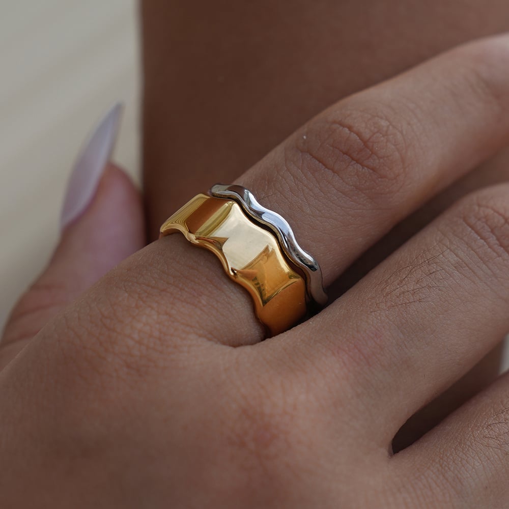 1 Piece Wide  Brimmed Wavy  Pattern Gold Stainless Steel Women's  Statement Rings h5Picture3