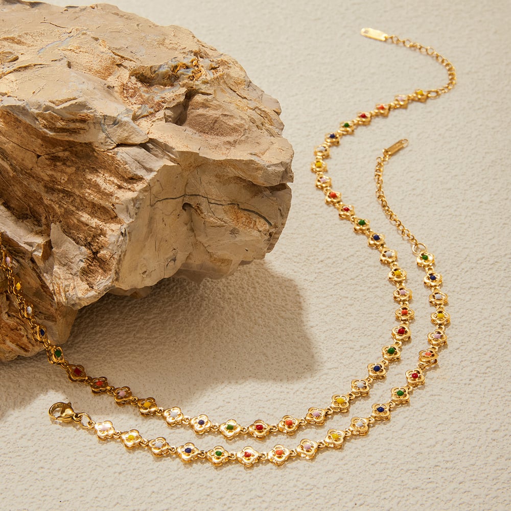 Colorful Flower Stainless Steel Gold Color Women's Jewelry Sets h5Picture4