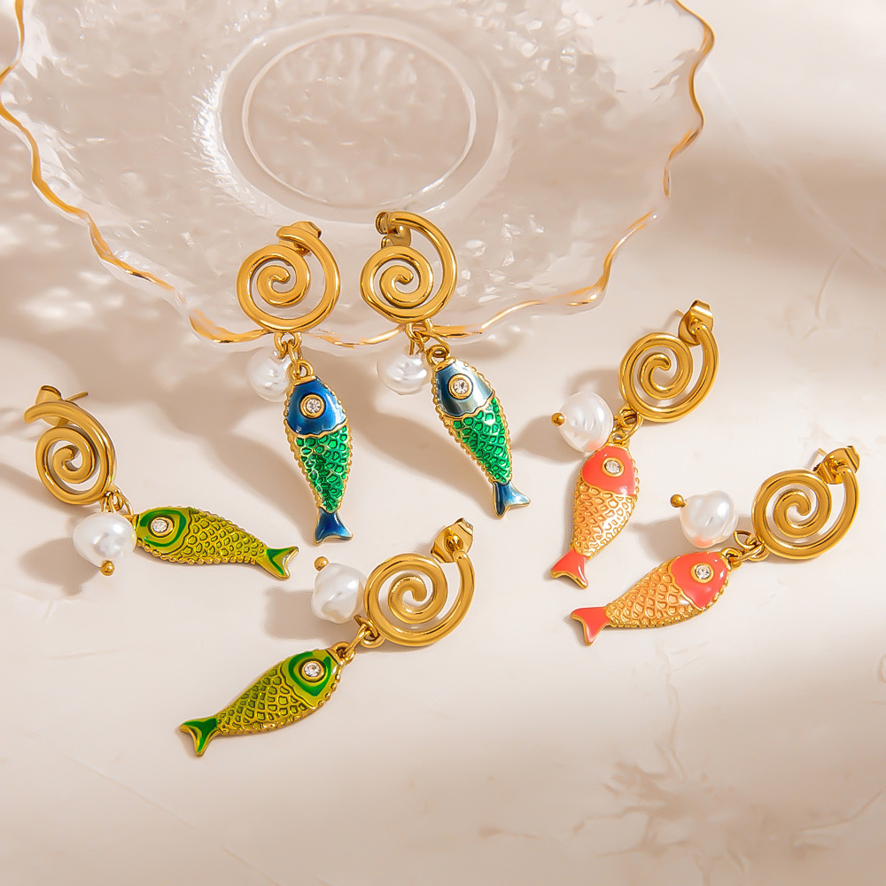 1 Pair Creative Colorful Oil Drip Stainless Steel Fish Women's Drop Earrings h5Picture4