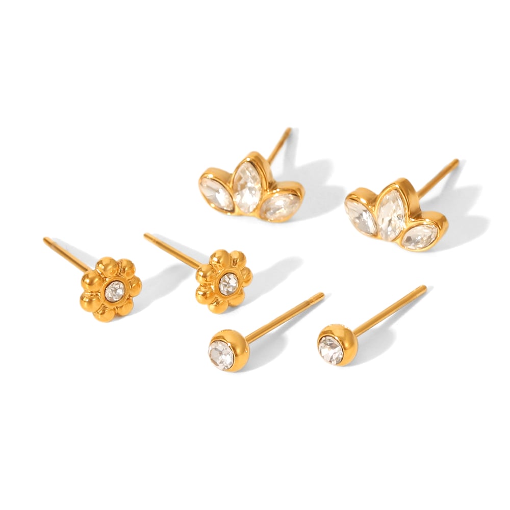 1 Set Daily Flower Stainless Steel Gold Color Zircon Women's Stud Earrings