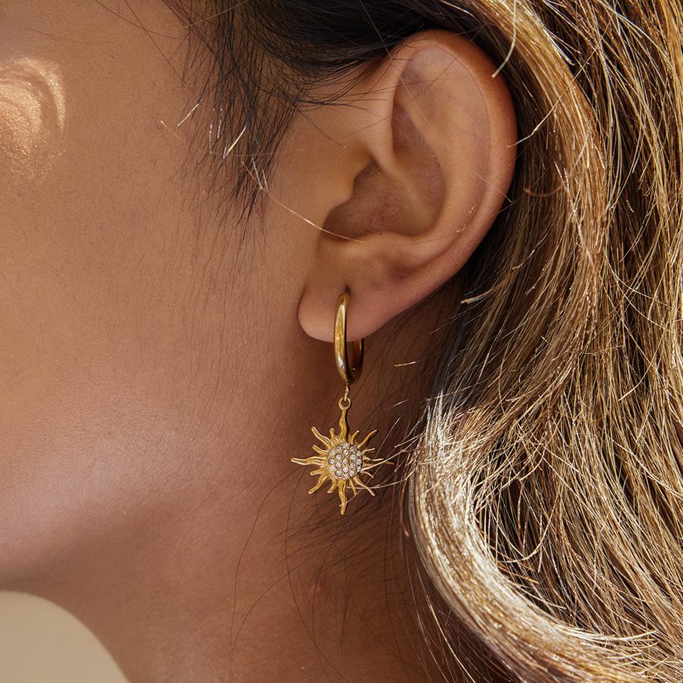 1 Pair Intricate Sun Stainless Steel Gold Color Women's Drop Earrings h5Picture5
