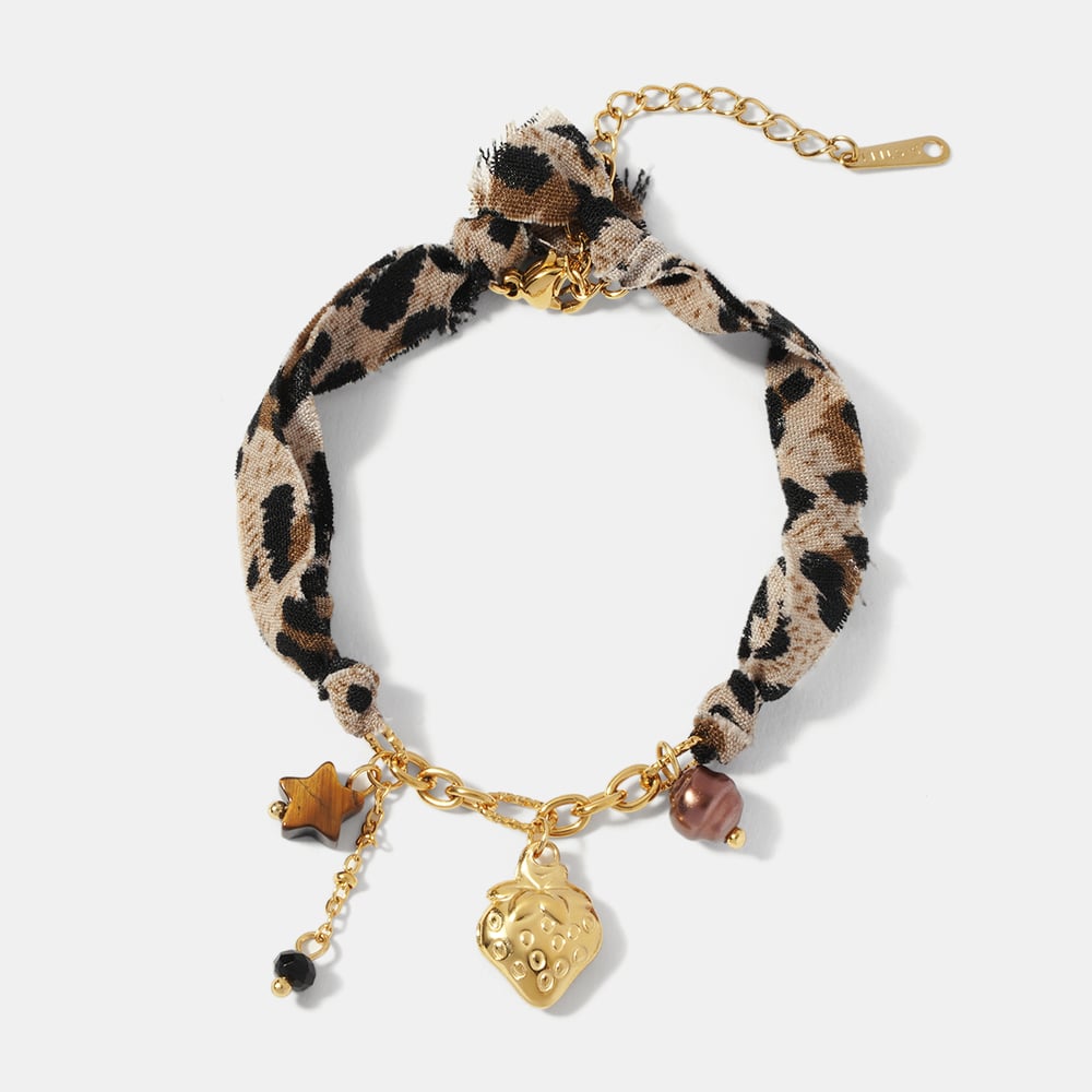 Leopard Fabric Strawberry Stainless Steel Gold Color Charm Bracelet h5Picture2