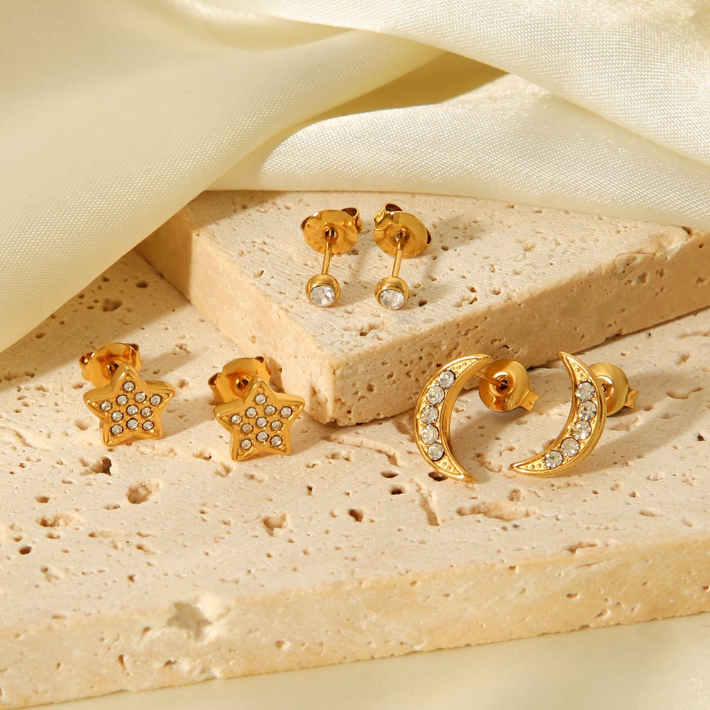 1 Set Luxurious Star Moon Stainless Steel Gold Color Zircon Women's Earrings Set h5Picture5