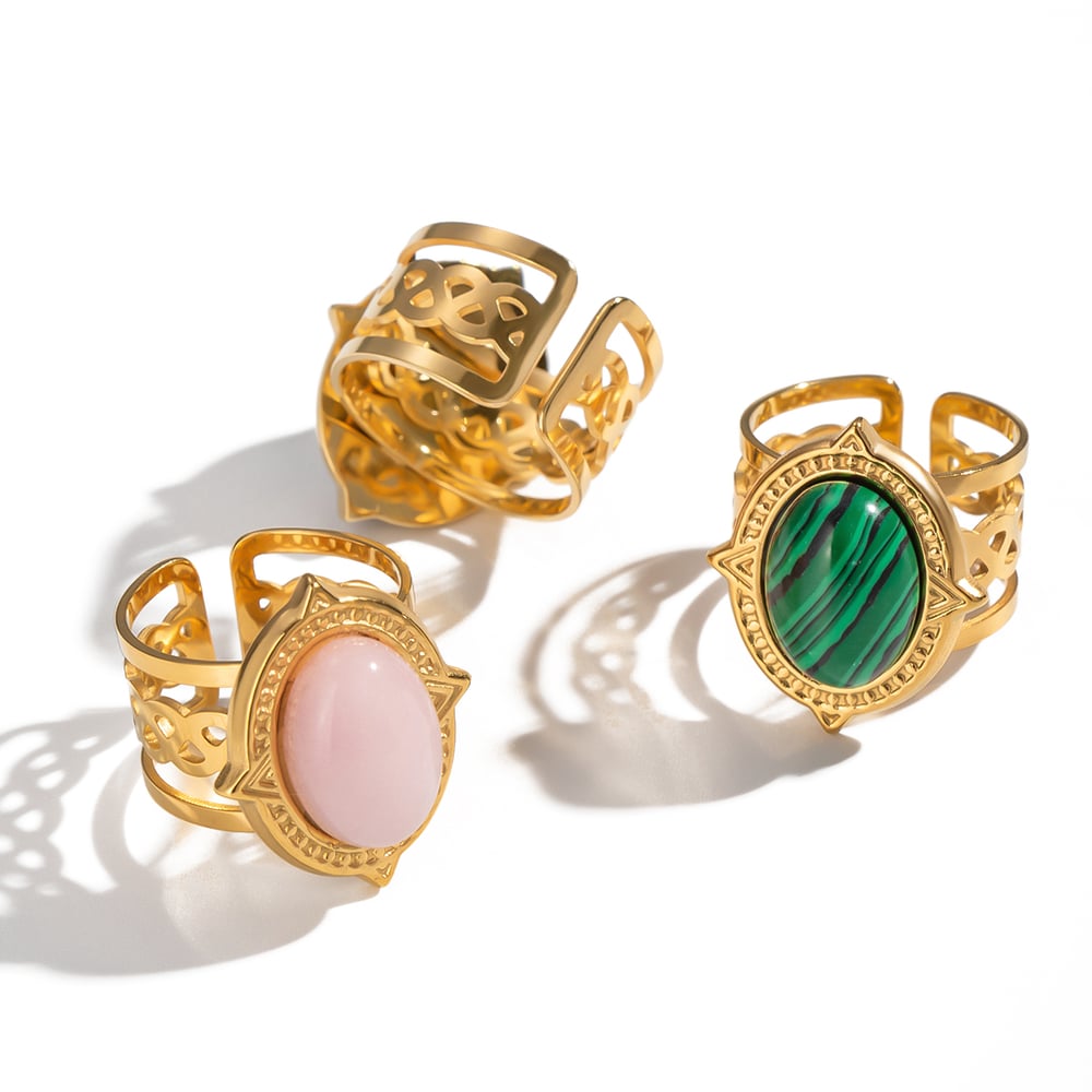 1 Piece Retro Strip Oval Lines Stainless Steel Gold Color Natural Stone Women's Gemstone Rings Picture6