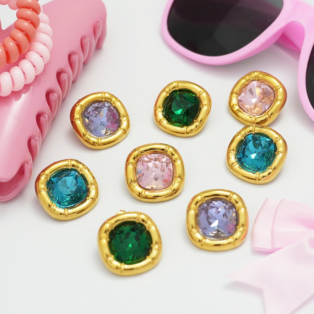 1 Pair Square Green Cubic Zirconia Stainless Steel  Women's Stud Earrings Picture3