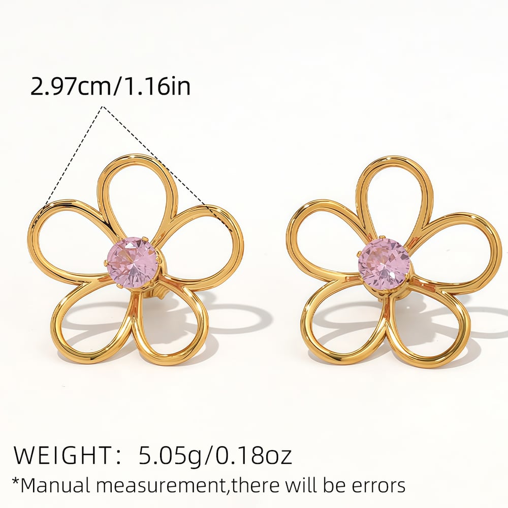 1 Pair Simple Natural Flower Stainless Steel Gold Color Zircon Statement Rings h5Picture2