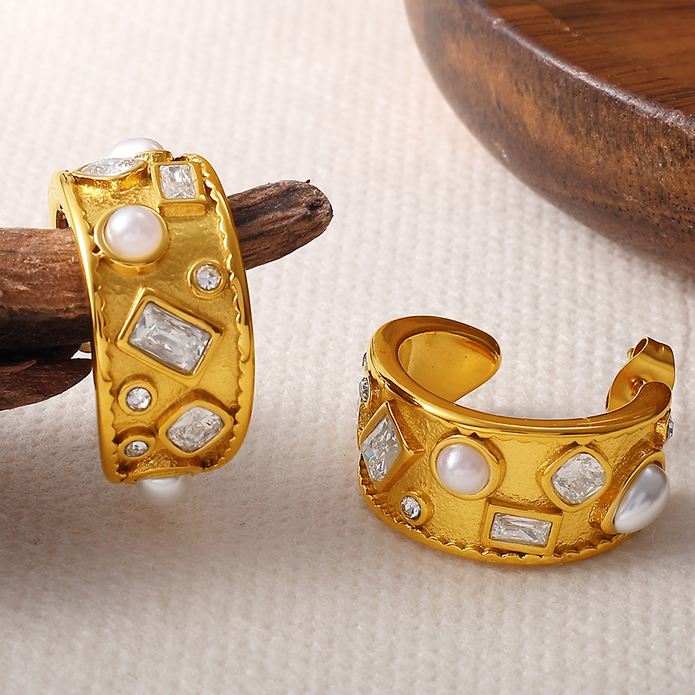 1 Pair Stainless Steel Gold Color Artificial Pearl Hoop Earrings Picture2