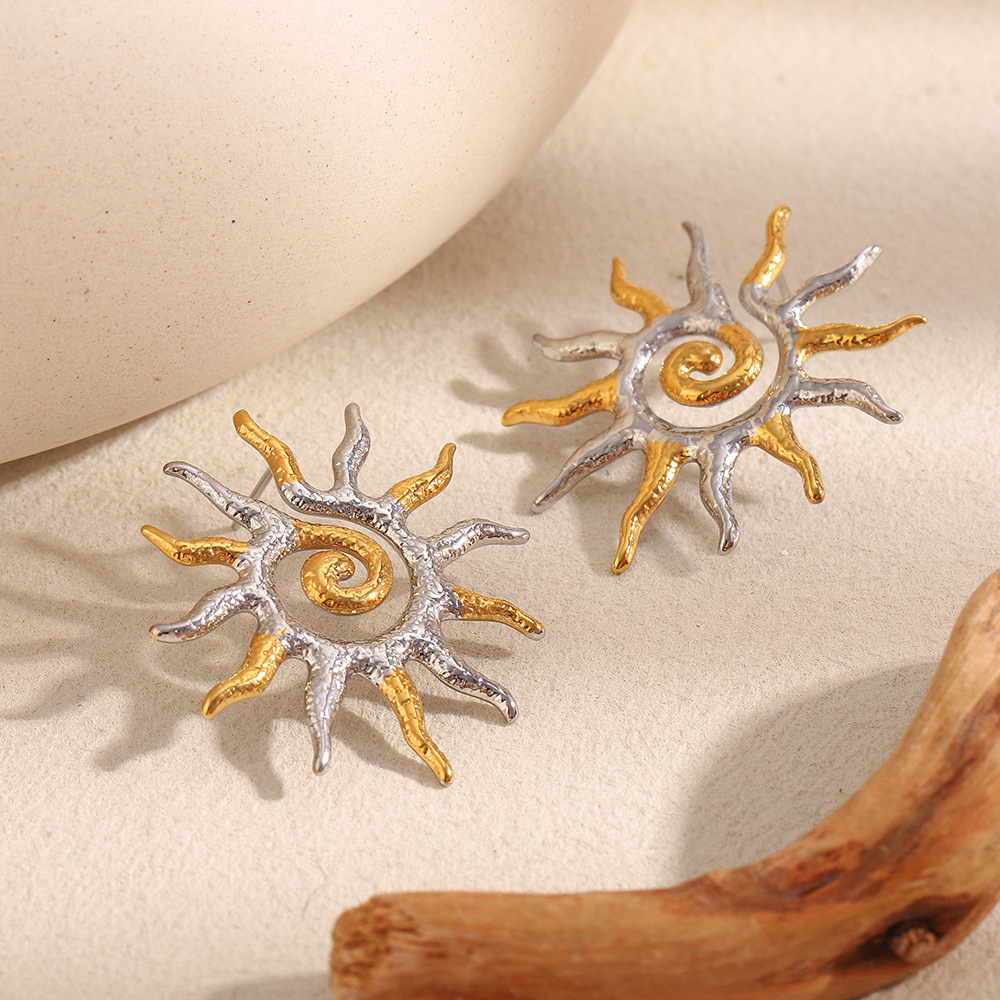 1 Pair Classic Sun Stainless Steel Gold Color Women's Stud Earrings h5Picture4