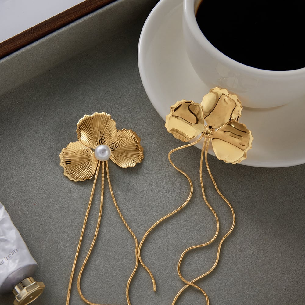 1 Pair Elegant Flower Tassel Stainless Steel Gold Color Women's Dangle Earrings h5Picture7