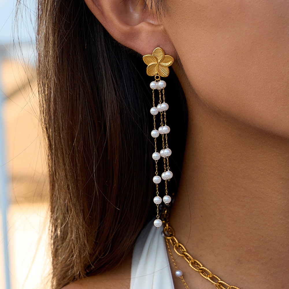 1 Pair Elegant Flower Tassel Stainless Steel Gold Color Women's Drop Earrings Picture4